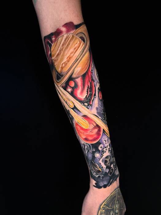 Color space sleeve with planets and meteors by Justin Styndl