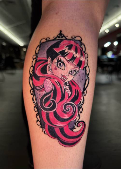 Draculaura tattoo in vivid pink and black by Justin Styndl